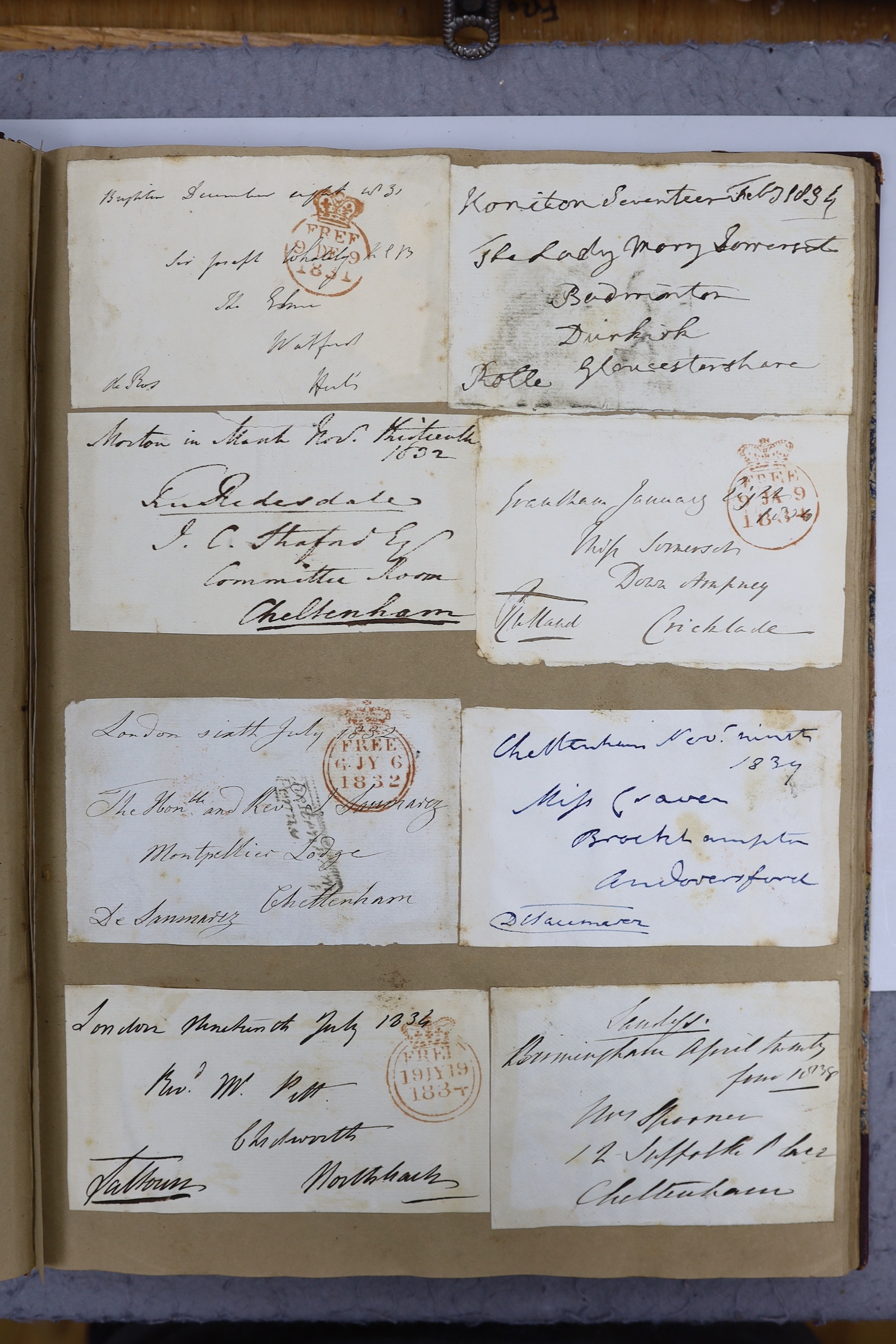 An album of postal covers inscribed by famous clergymen, c.1820-1835, collected by Mrs W. Pitt, Cheltenham 1840